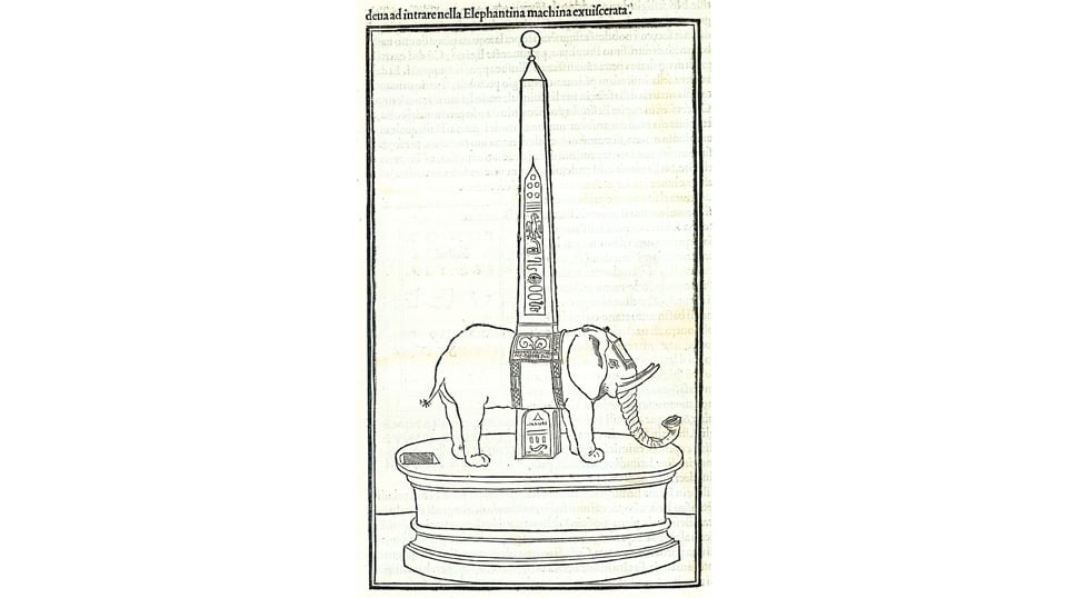 Holzschnitt eines Elefanten mit einem Obelisken in der 1499 gedruckten Hypnerotomachia Poliphili