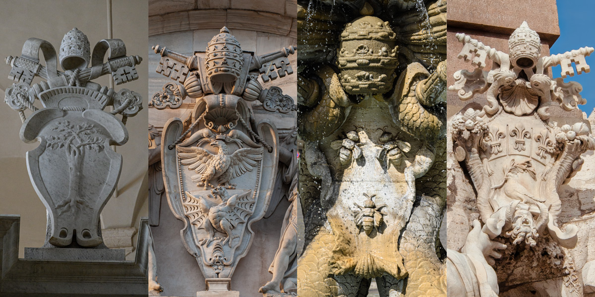 Vier päpstliche Wappen mit der Eiche der Della Rovere neben den Symbolen der Borghese, gefolgt von den Bienen der Barberini und der Taube der Pamphili